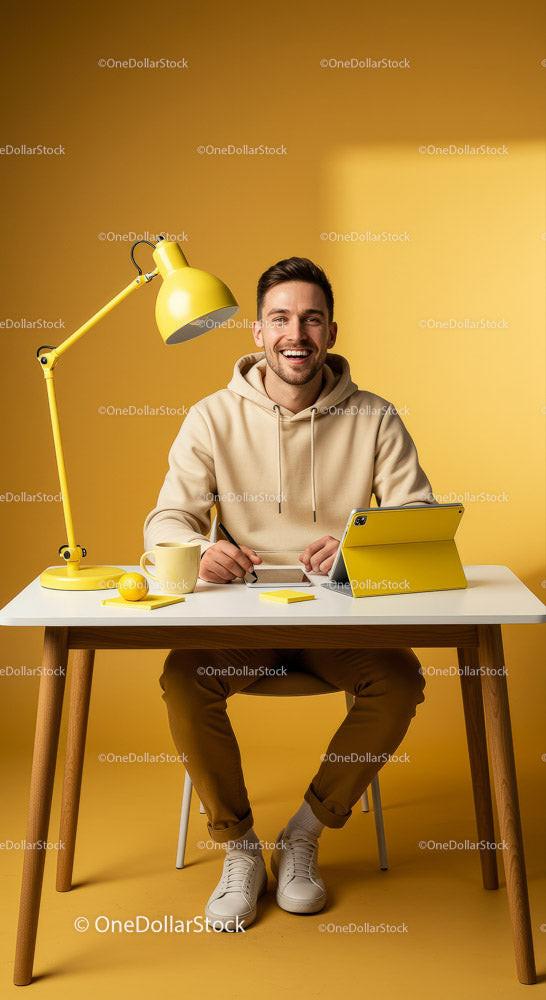 Smiling Man in Casual Attire at Modern Yellow Workspace Stock Photo Bundle (11 JPG Files)