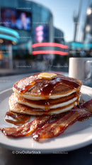 Stack of Fluffy Pancakes with Syrup Bacon and Coffee