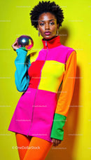 Fashion Model in Bright Colorful Outfit holding Disco Ball in Studio