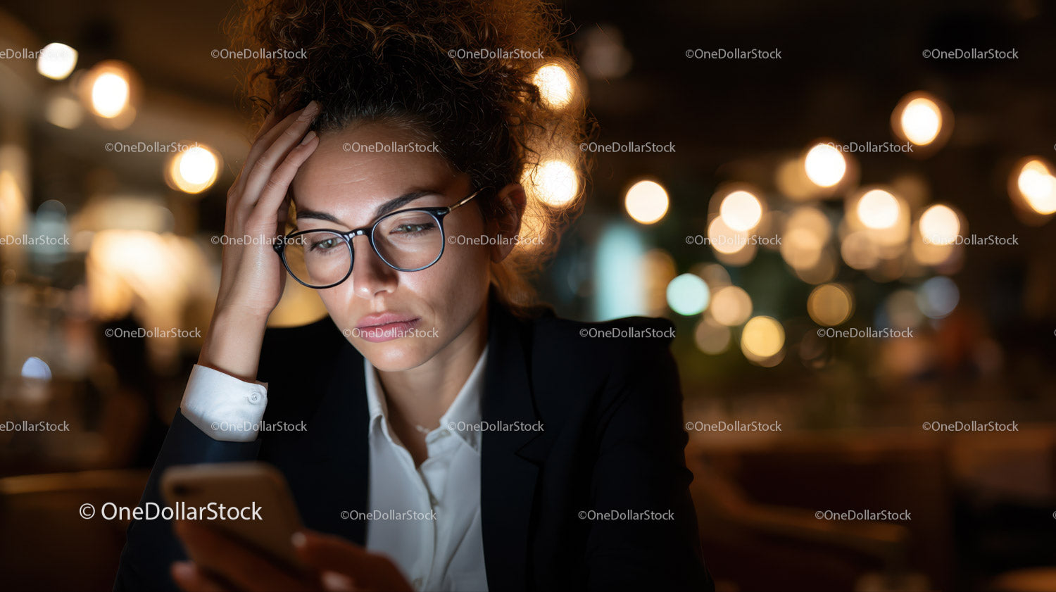 Biznesmenka używająca smartfona na tle świateł miasta