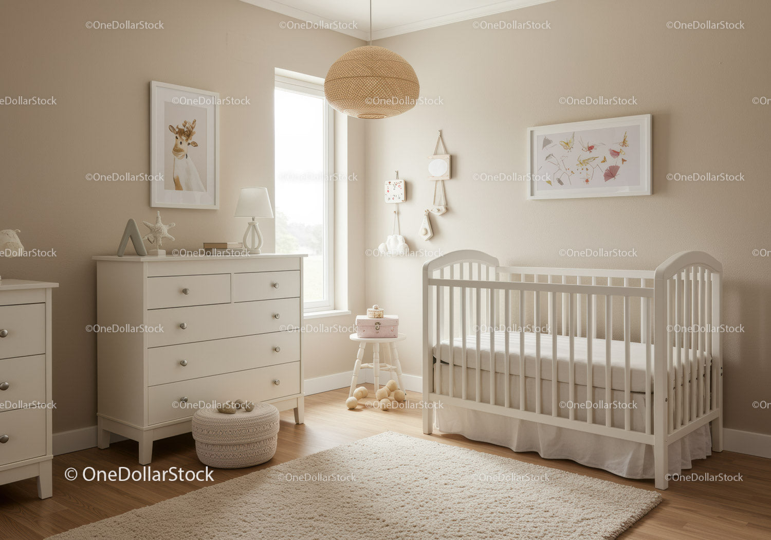 Bright nursery with white crib and cozy decor for babies