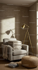 Cozy reading corner with armchair and golden floor lamp