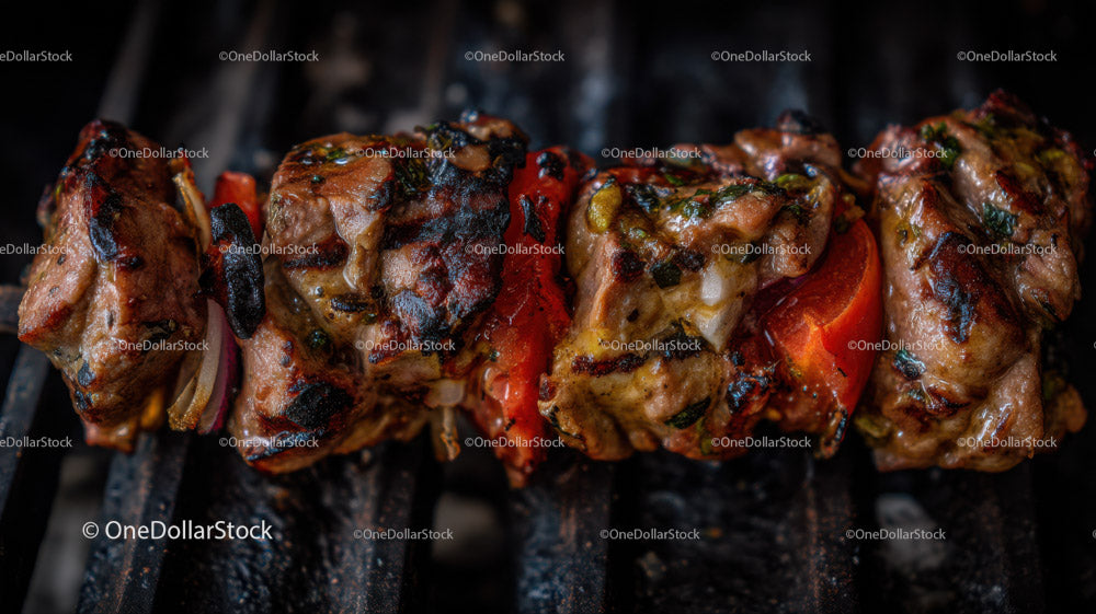 Colorful Grilled Meat and Vegetable Skewers on Barbecue Grill