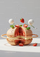 Creative strawberry macaron dessert with cream and mint
