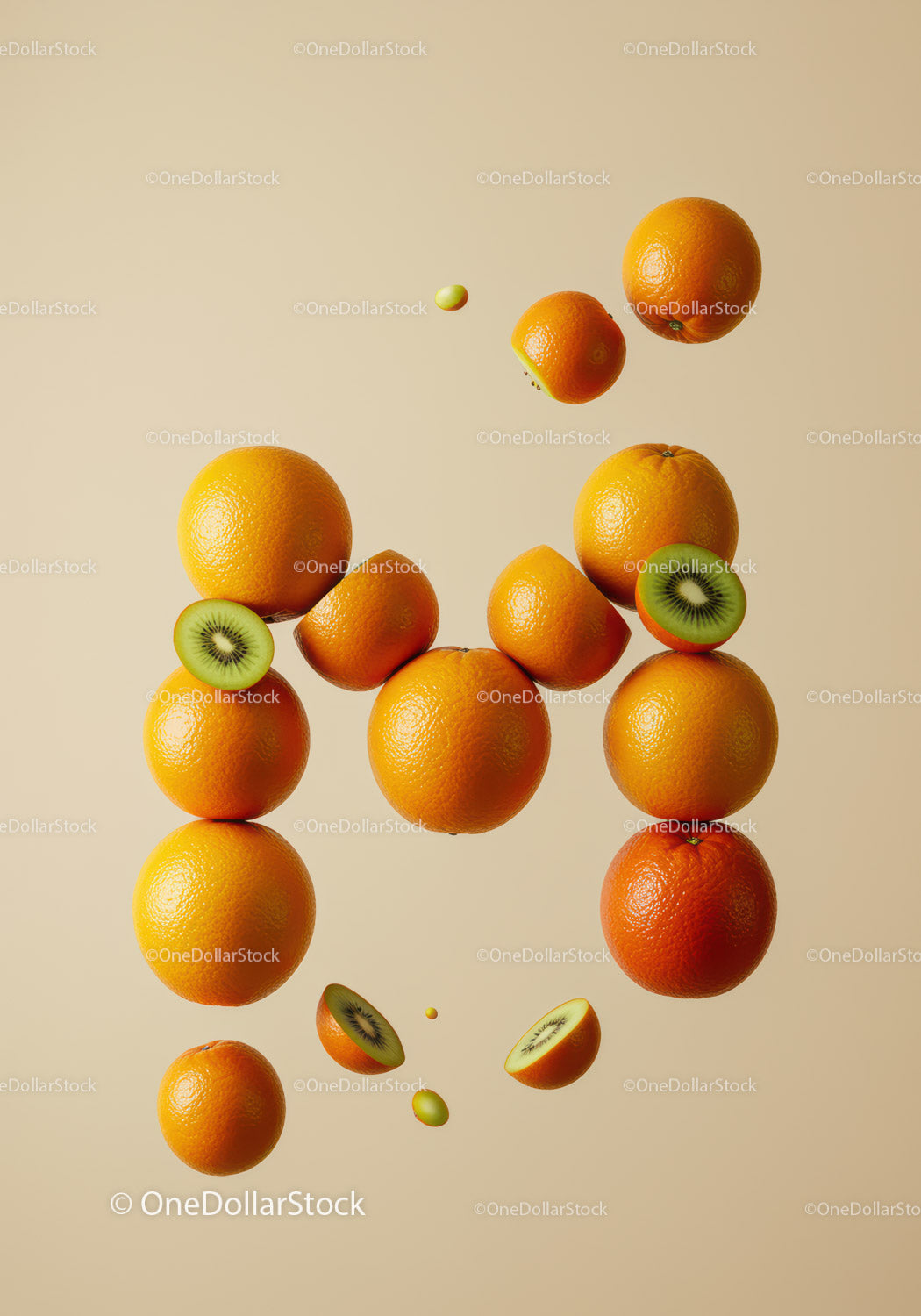 Floating Oranges and Kiwi Slices on Beige Background