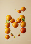 Floating Oranges and Kiwi Slices on Beige Background