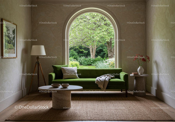Cozy living room with green sofa and garden view