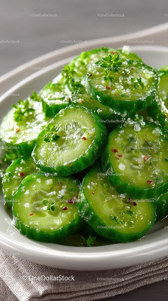 Fresh Cucumber Slices with Herbs in White Bowl for Healthy Eating