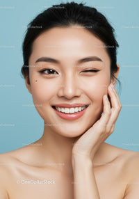 Smiling Young Woman with Flawless Skin in Studio Portrait