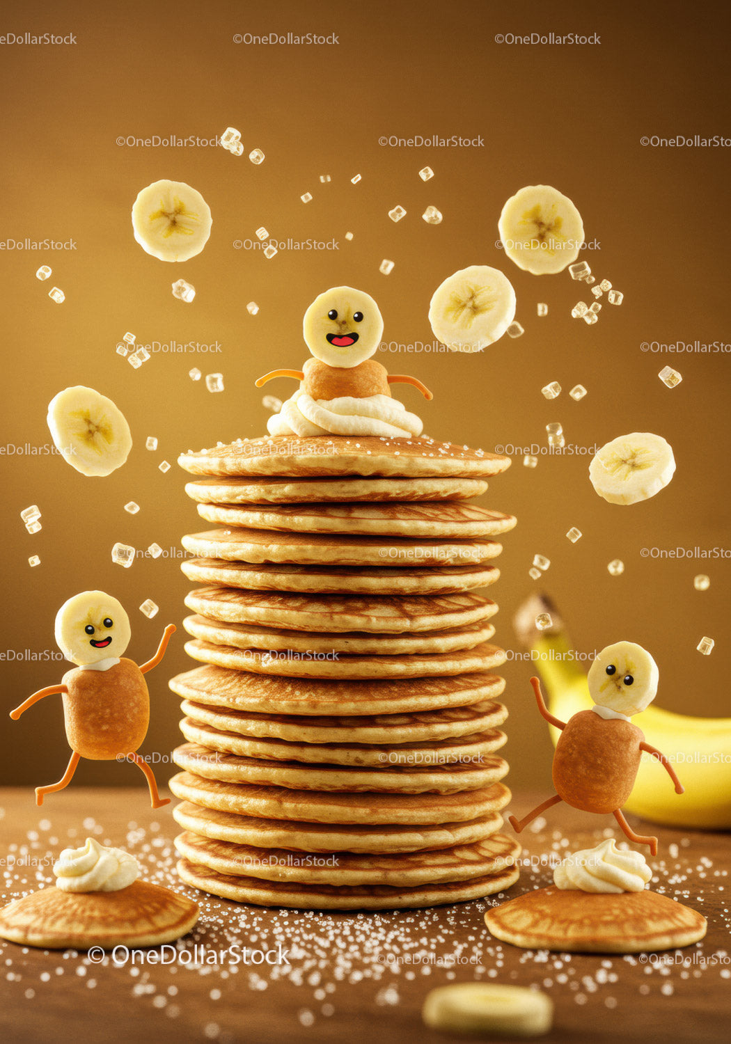 Playful banana characters dancing around pancake stack