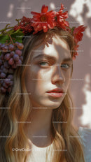 Young Woman with Red Floral Crown and Purple Grapes Outdoor Portrait