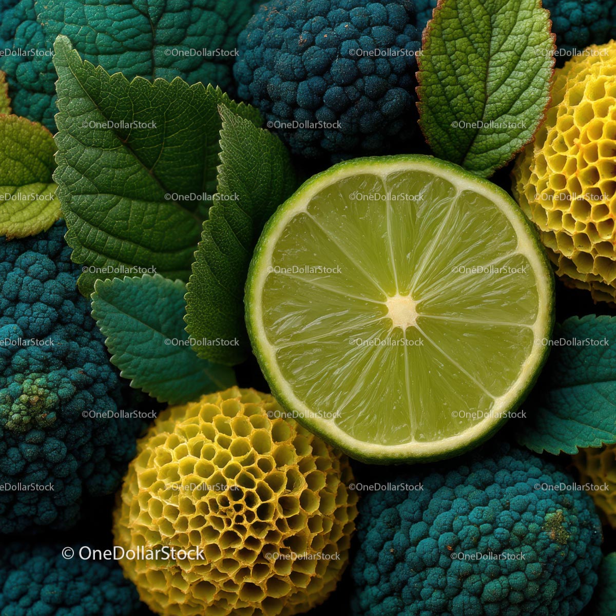 Fresh Lime and Green Leaves on Vibrant Background