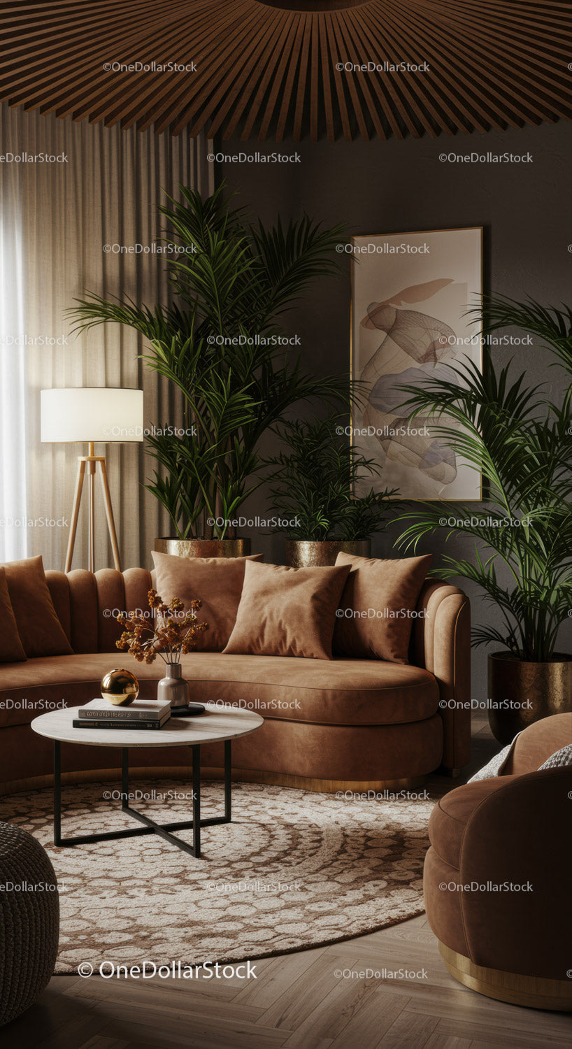 Cozy living room with curved brown sofa and indoor plants