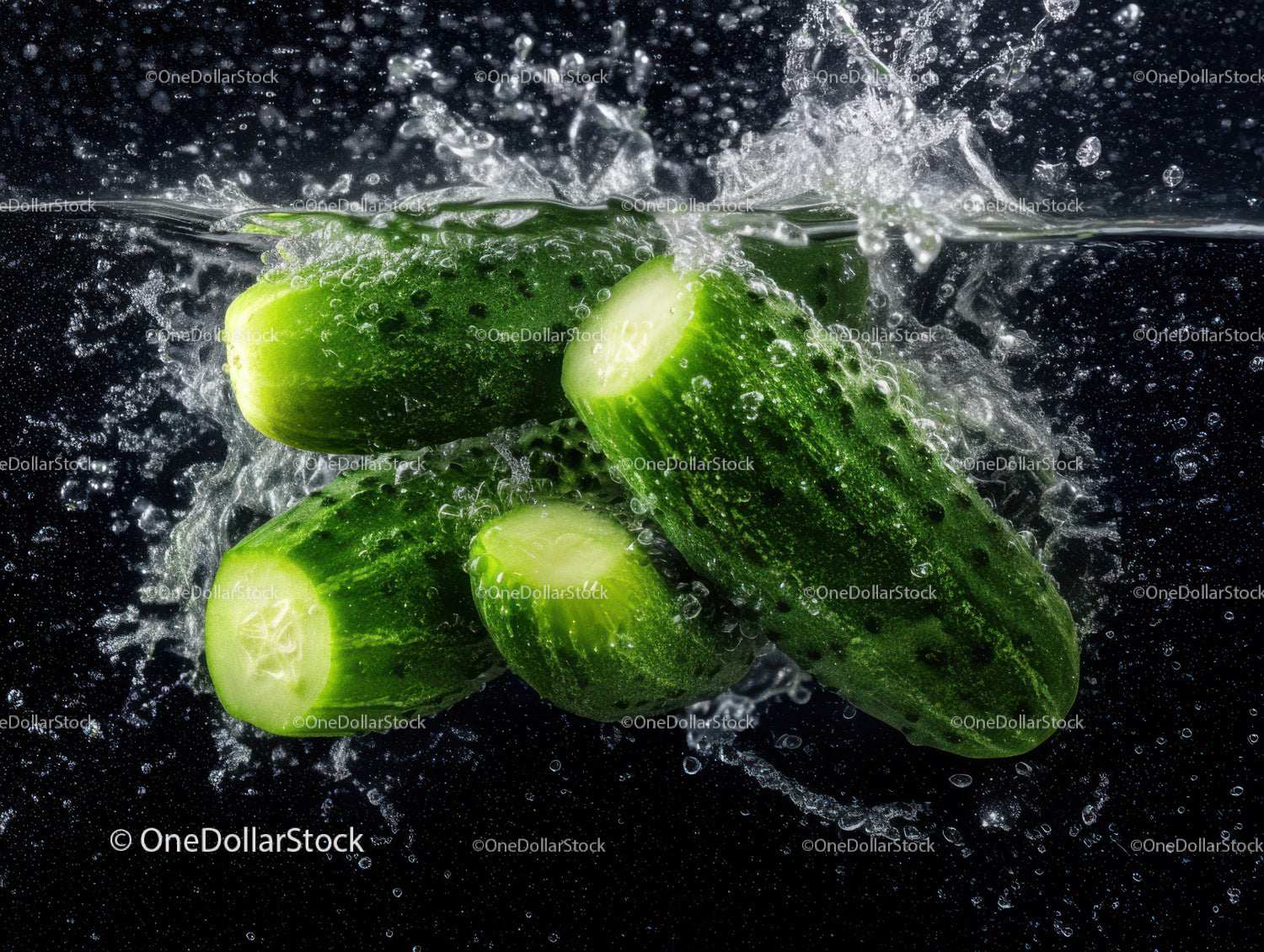 Fresh Green Cucumbers Underwater Splash in Bright Natural Light