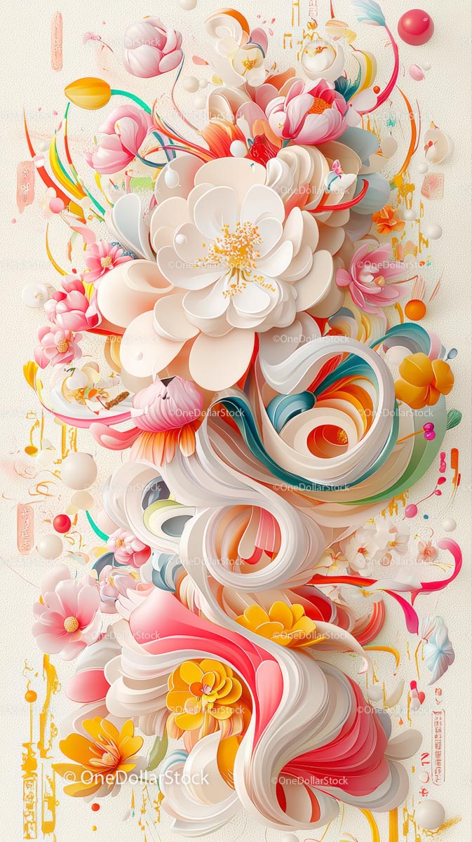 Vibrant Abstract Floral Digital Artwork with Flowing Shapes and Bright Colors