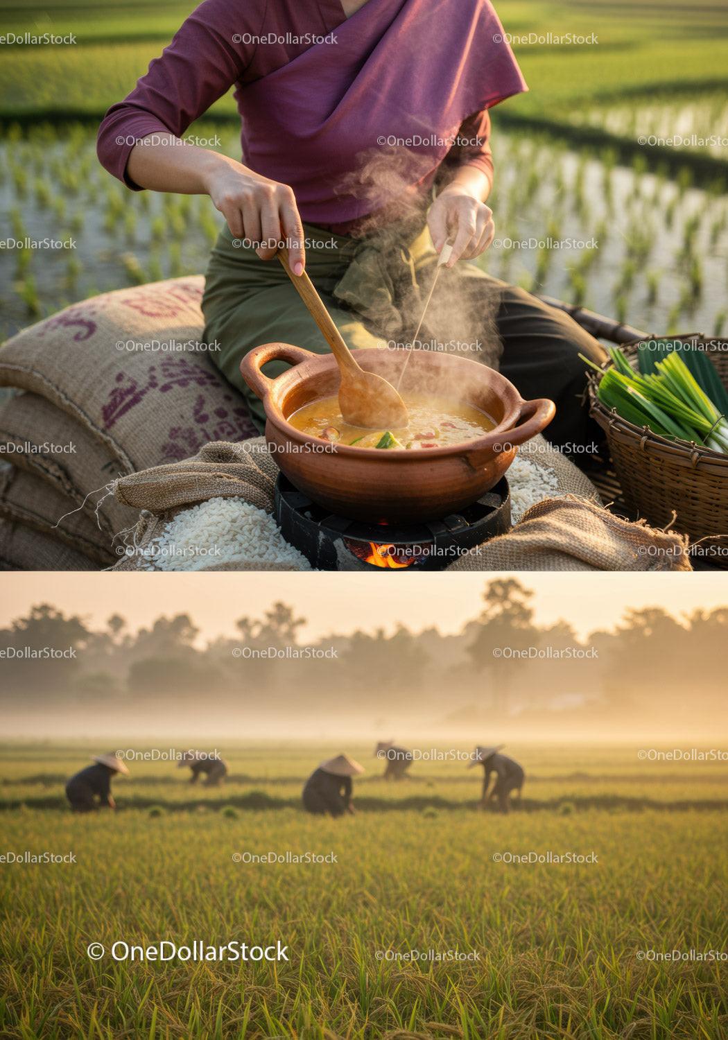 Cooking Traditional Soup Outdoors Amid Serene Rice Fields