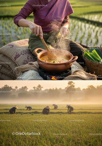 Cooking Traditional Soup Outdoors Amid Serene Rice Fields