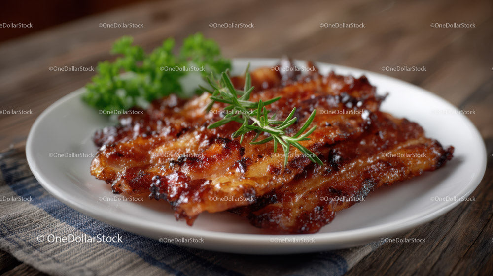 Grilled Bacon with Rosemary Garnish on White Plate over Wooden Table