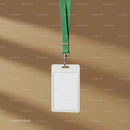 Blank ID Badge Hanging by Green Lanyard on Brown Wall