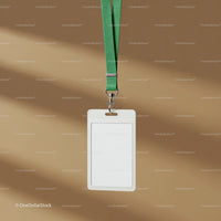 Blank ID Badge Hanging by Green Lanyard on Brown Wall