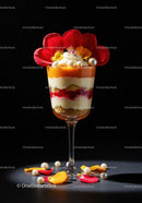 Elegant layered dessert garnished with flower petals and pearls