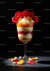 Elegant layered dessert garnished with flower petals and pearls