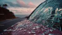 Abandoned Vintage Car with Broken Glass at Sunset