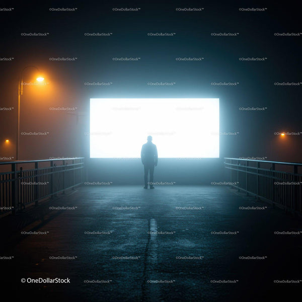 Solitary figure facing glowing blank billboard at night JPG Mockup Image