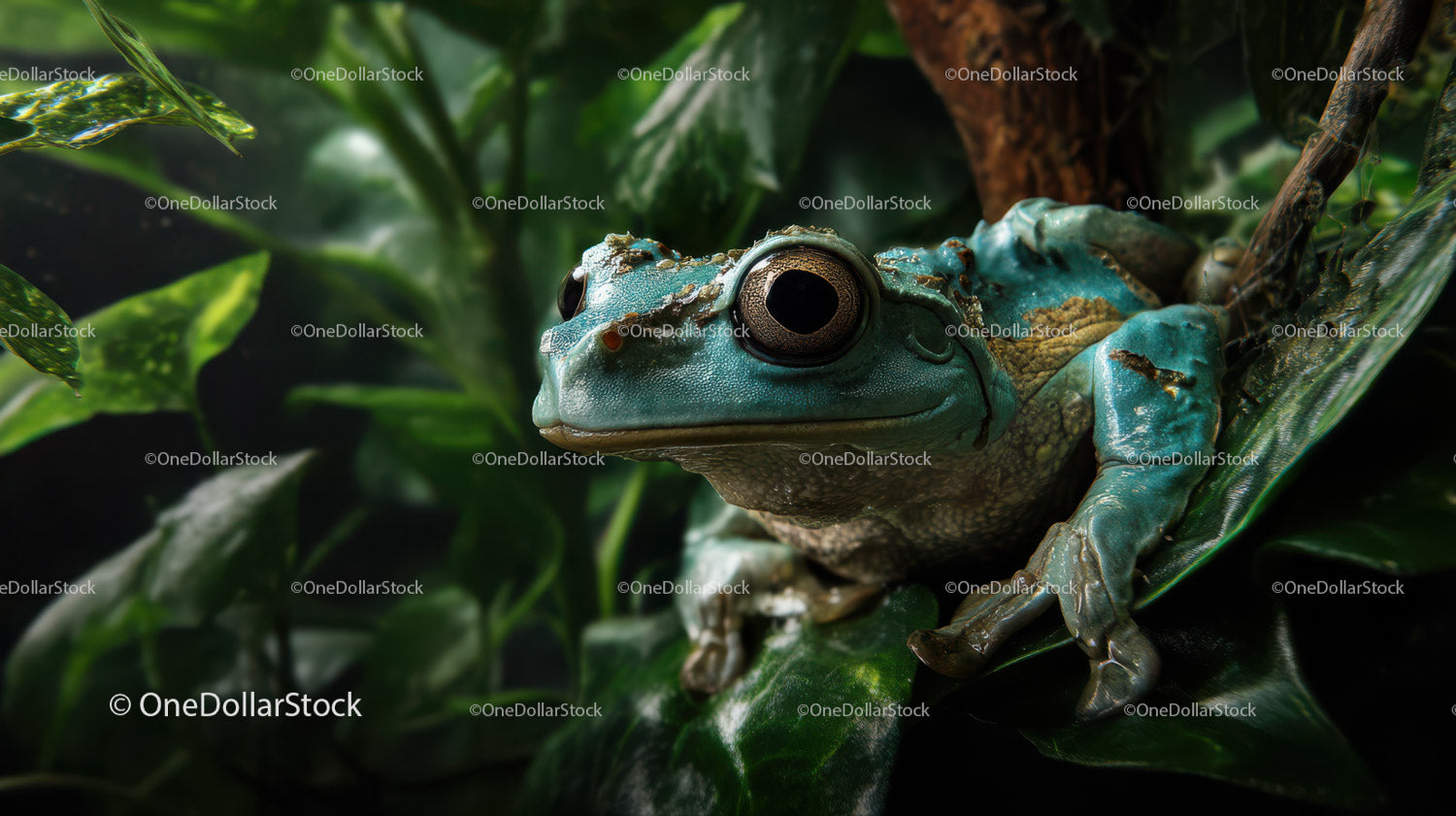 Close-up of Vibrant Green Tree Frog Amid Tropical Foliage