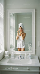 Woman Washing Face in Bright Bathroom Mirror with Skincare Products