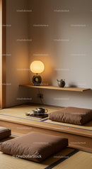 Minimalist Japanese tea room with warm lighting