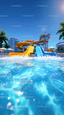 Colorful Water Slides at Outdoor Water Park with Bright Summer Atmosphere