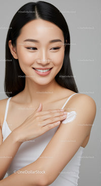 Young Woman Applying Lotion for Skincare Routine with Beautiful Smile
