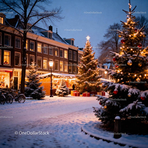 Cozy Christmas market with decorated trees and snow