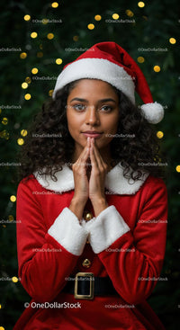 Thoughtful woman dressed in festive Santa Claus outfit