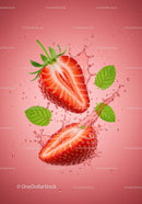 Fresh Strawberry Halves with Mint Leaves and Splash