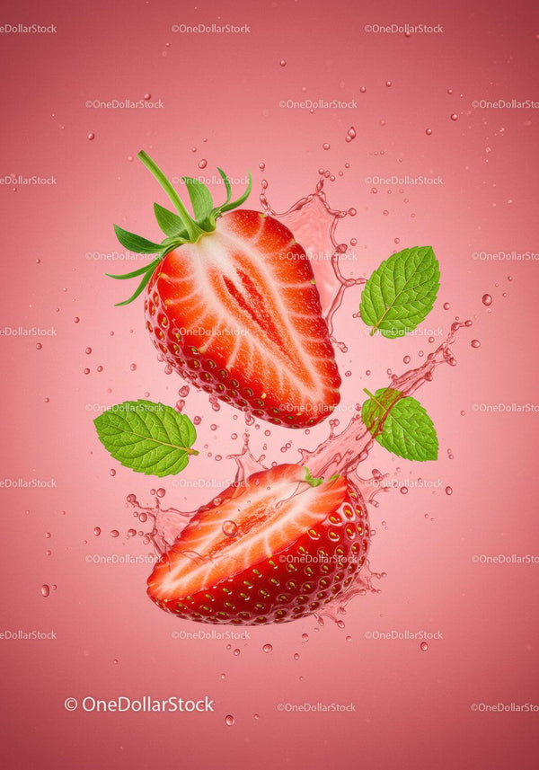 Fresh Strawberry Halves with Mint Leaves and Splash