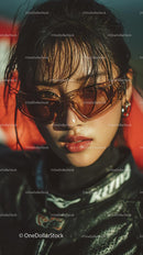 Confident Female Rider in Sunglasses with Motorcycle Gear