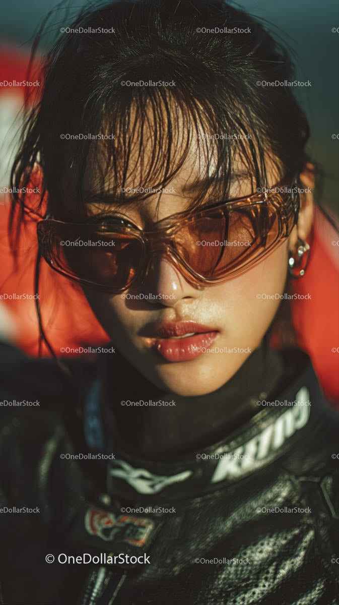 Confident Female Rider in Sunglasses with Motorcycle Gear