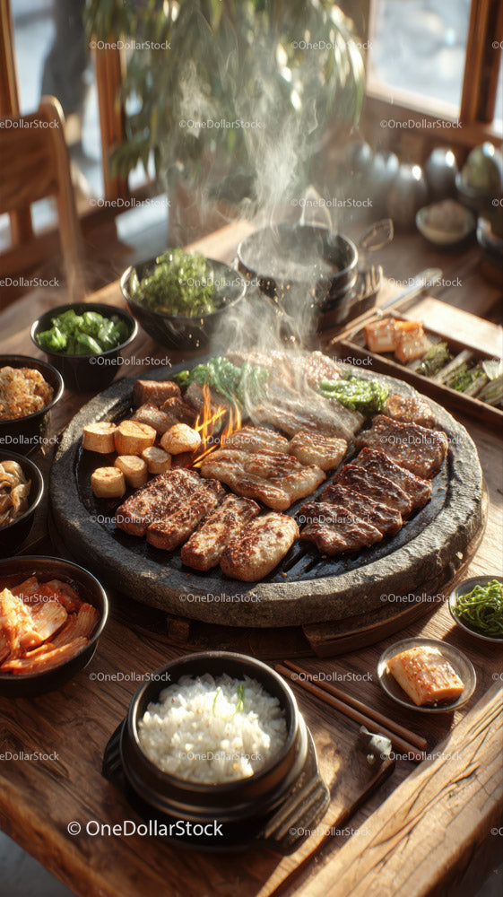 Traditional Korean Barbecue with Grilled Meat and Side Dishes