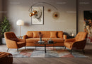 Cozy modern living room with warm brown furniture