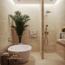 Elegant Modern Bathroom with Beige Stone Tiles and Green Plant