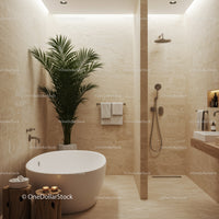 Elegant Modern Bathroom with Beige Stone Tiles and Green Plant