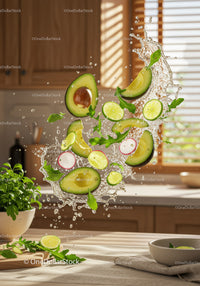 Fresh Avocado and Lime Slices Splash in Kitchen Light