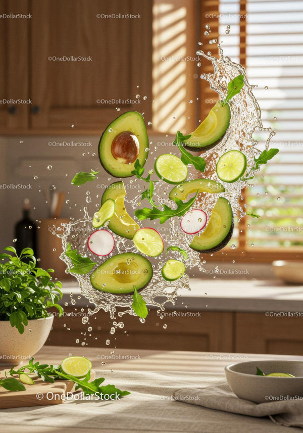 Fresh Avocado and Lime Slices Splash in Kitchen Light