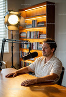 Man recording podcast in warm cozy home studio