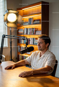 Man recording podcast in warm cozy home studio