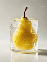 Fresh Yellow Pear Submerged in Sparkling Water with Ice