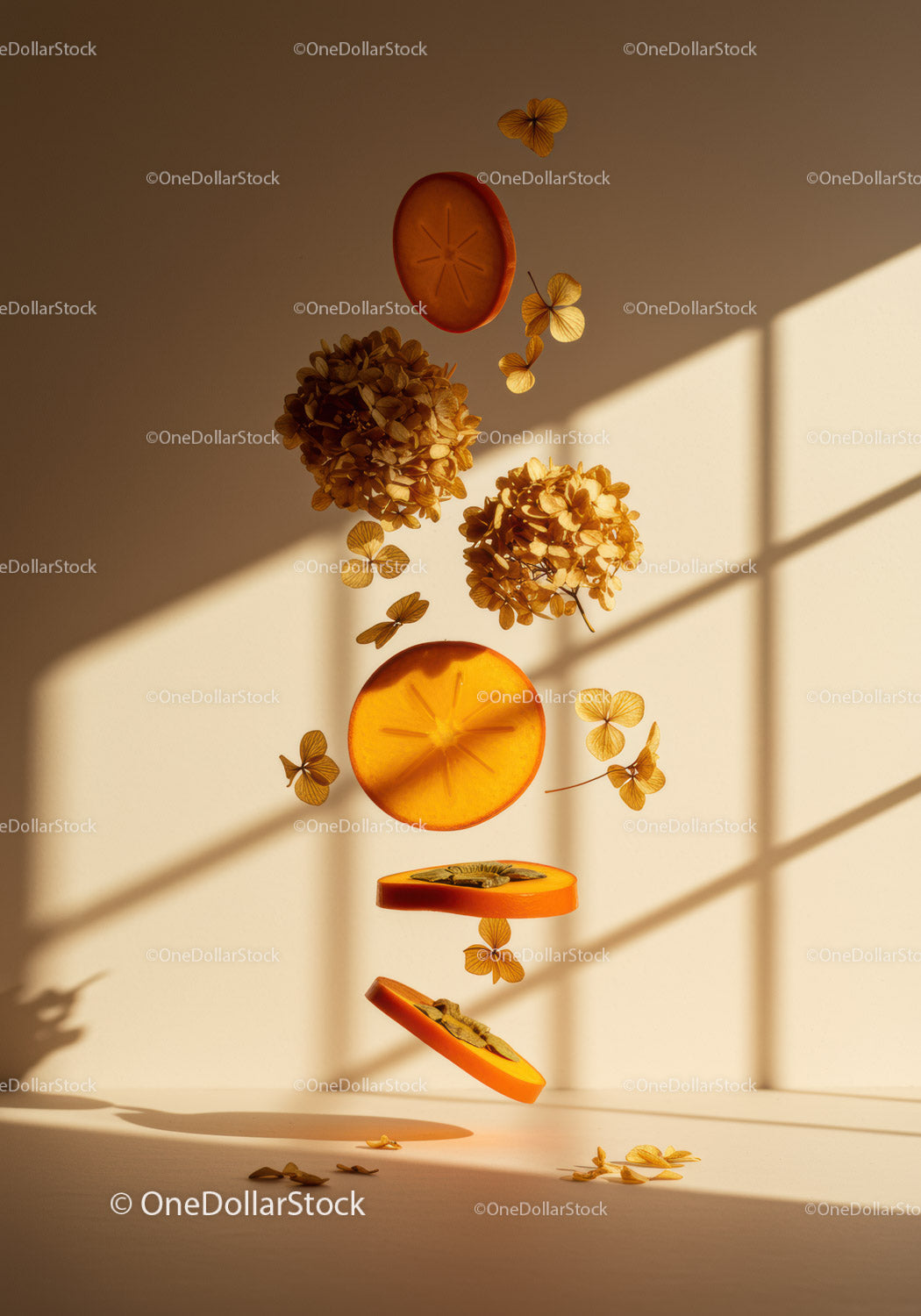 Floating persimmon slices with dried hydrangea flowers