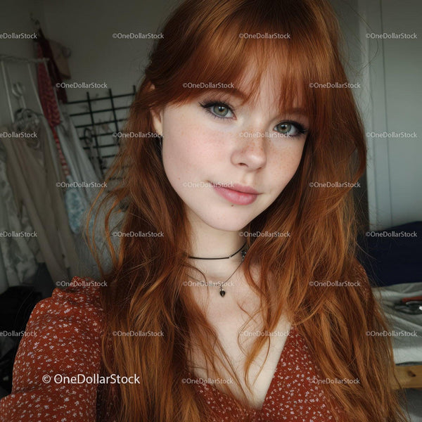 Fresh Redheaded Woman with Freckles and Green Eyes in Casual Setting